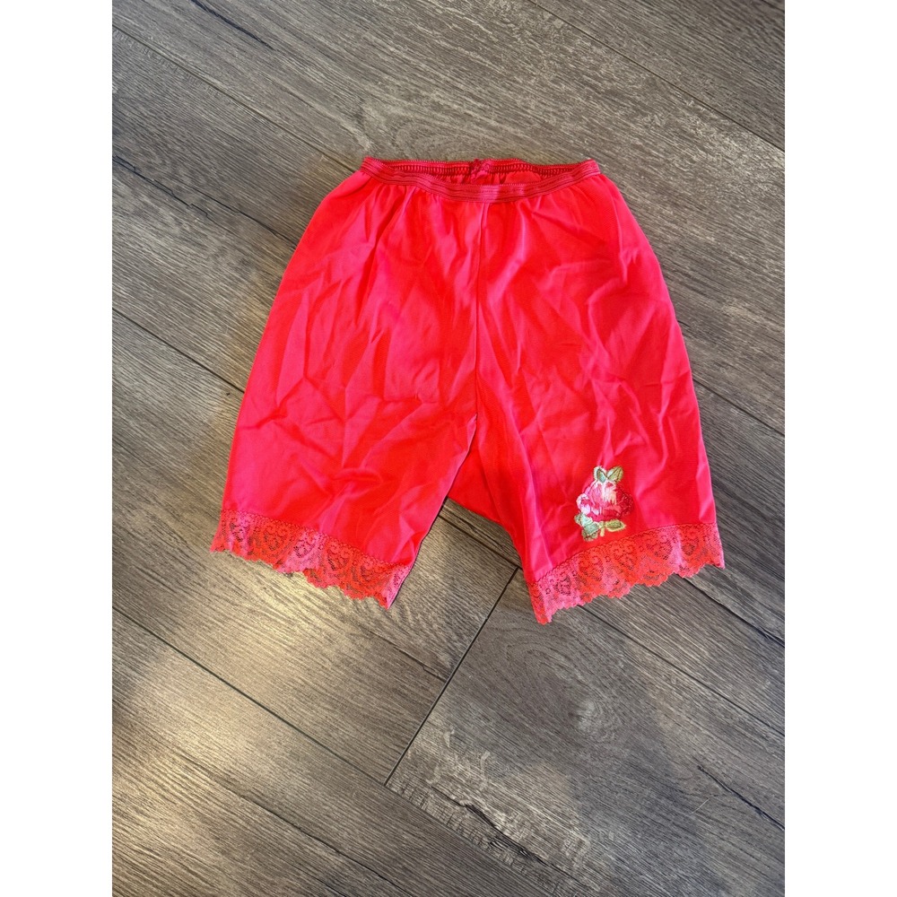 Vintage Sears Red Nylon Tap Pants Bloomers Lace Trim Floral Embroidery Medium